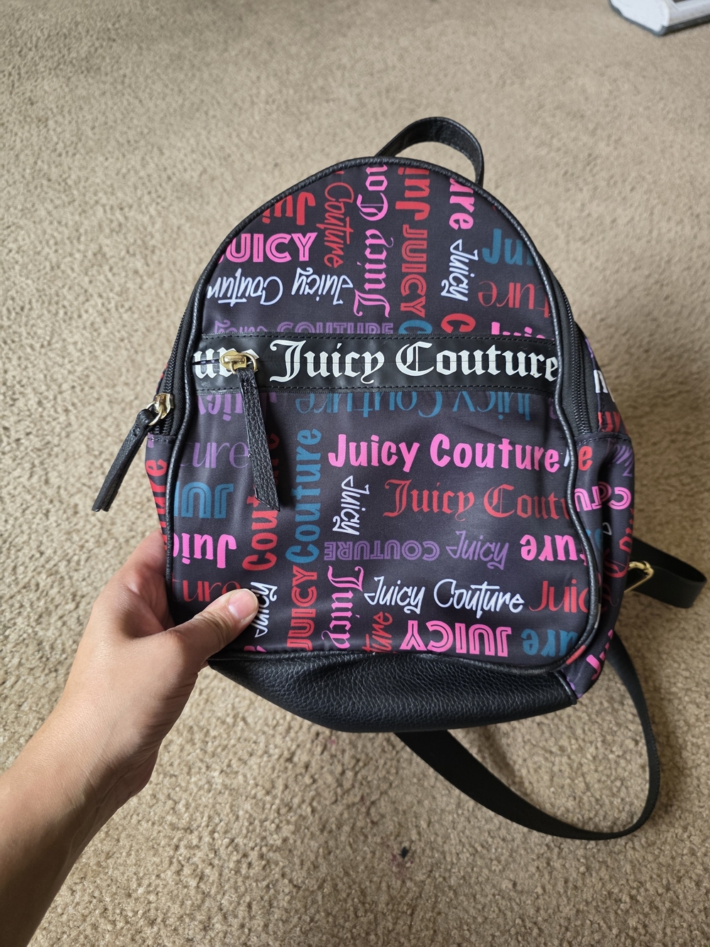 Juicy Couture Black Mini Backpack with Pink & Blue Logo Print